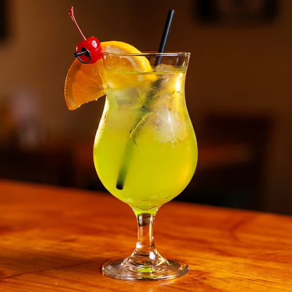 Bright green cocktail with ice, orange slice, cherry, and straw on a wooden bar.