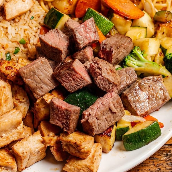 A white plate filled with fried rice, grilled chicken, steak cubes, and mixed vegetables.